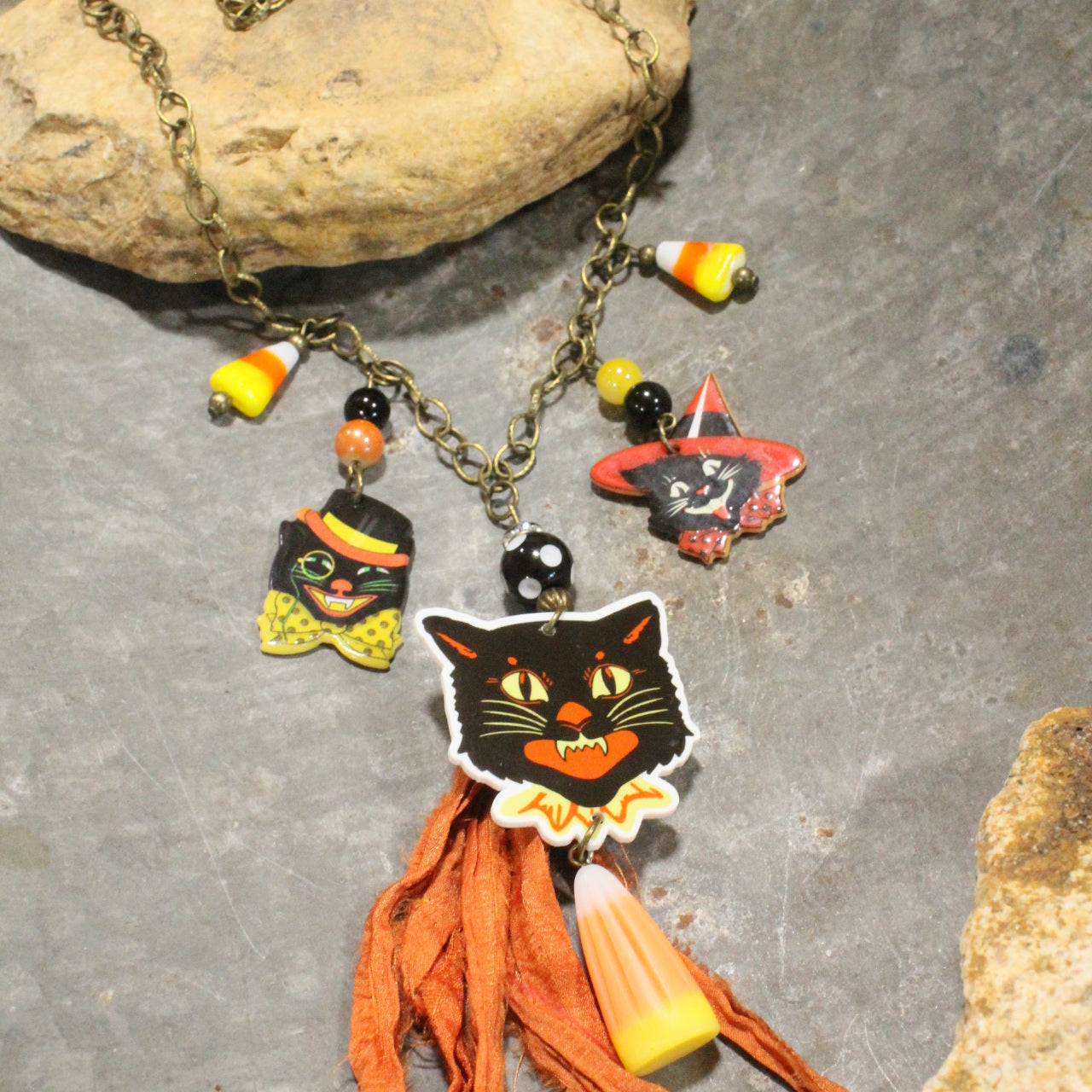 Black Cat & Candy Corn Charm'd Bronze Necklace