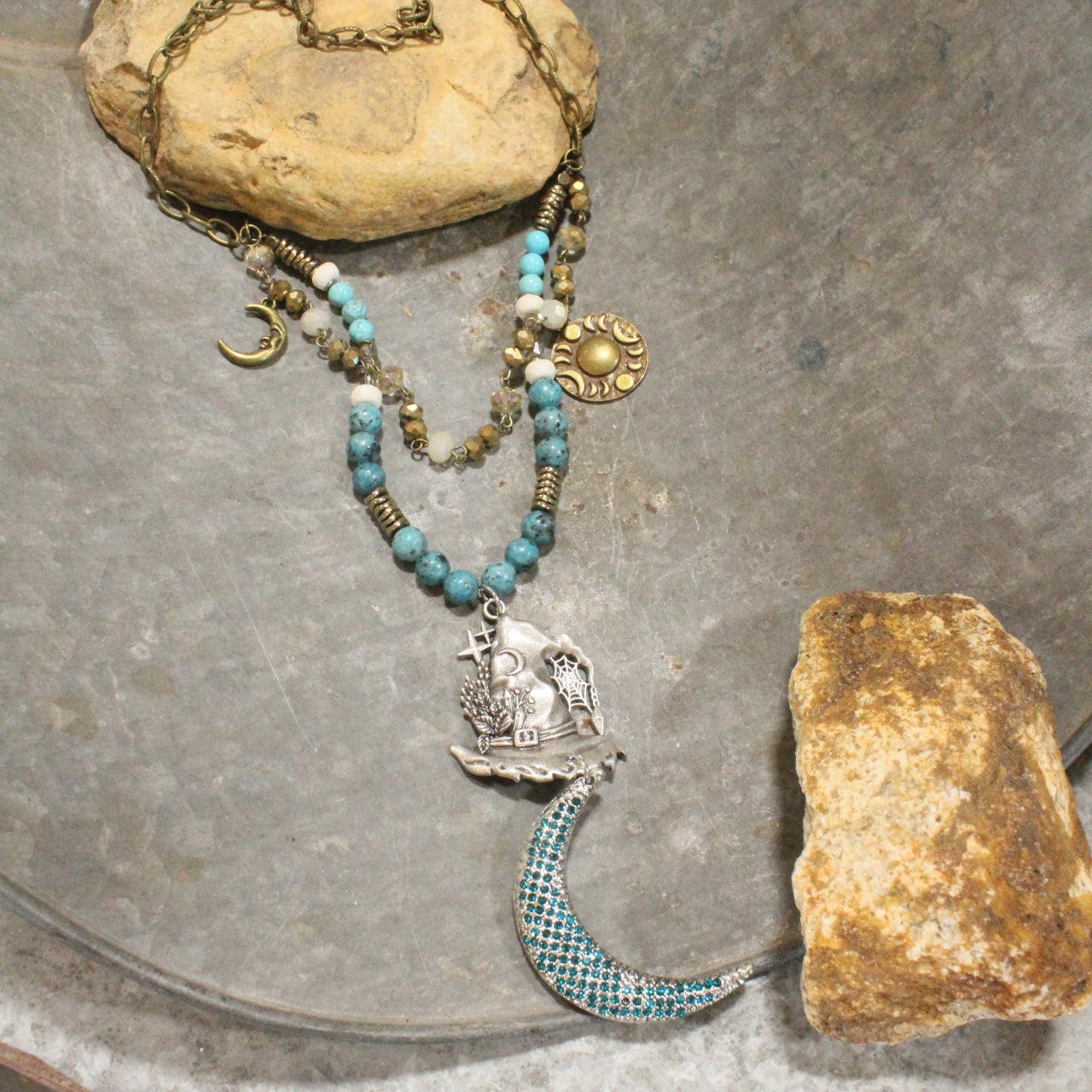 Over The Moon Hat & Stone Layered Necklace