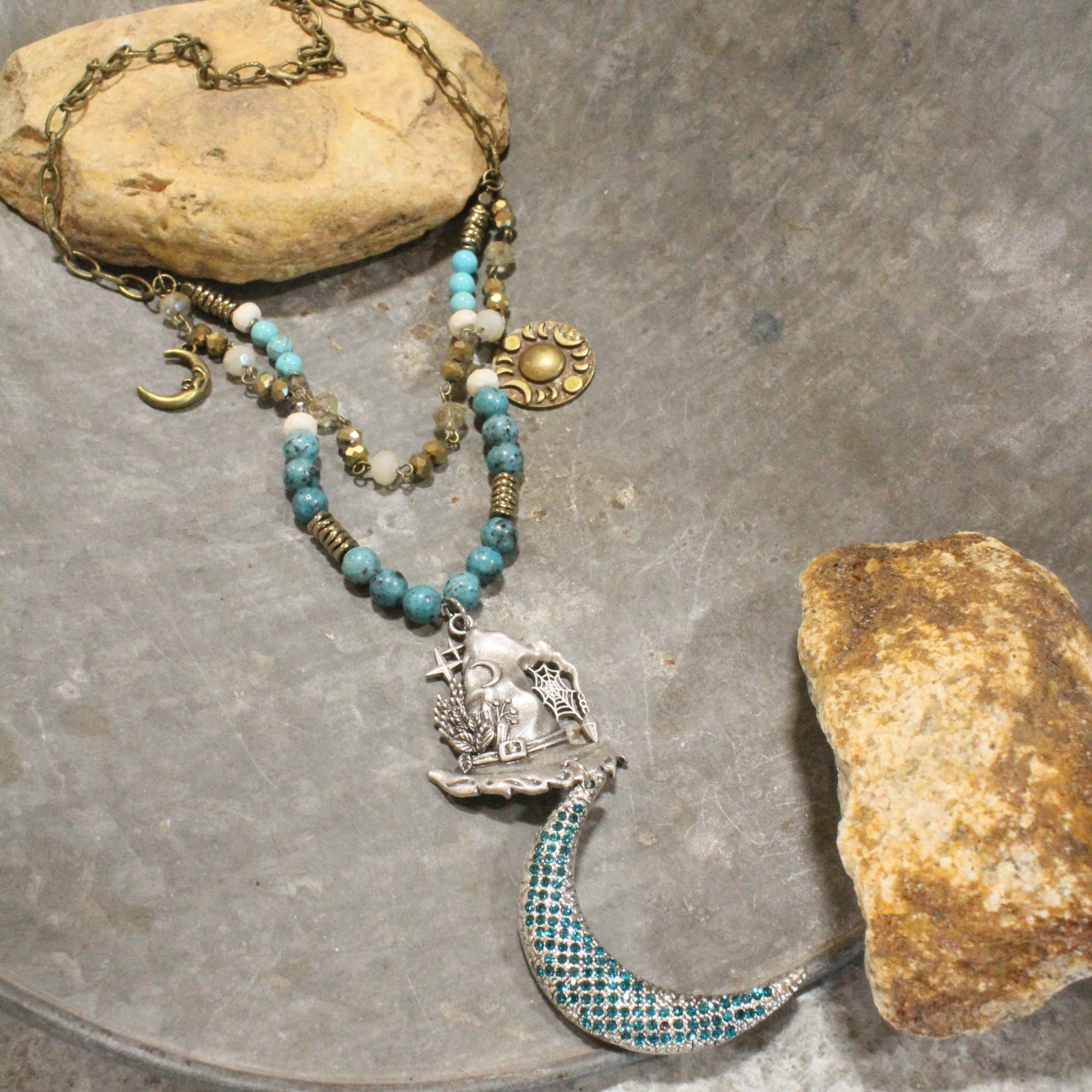 Over The Moon Hat & Stone Layered Necklace