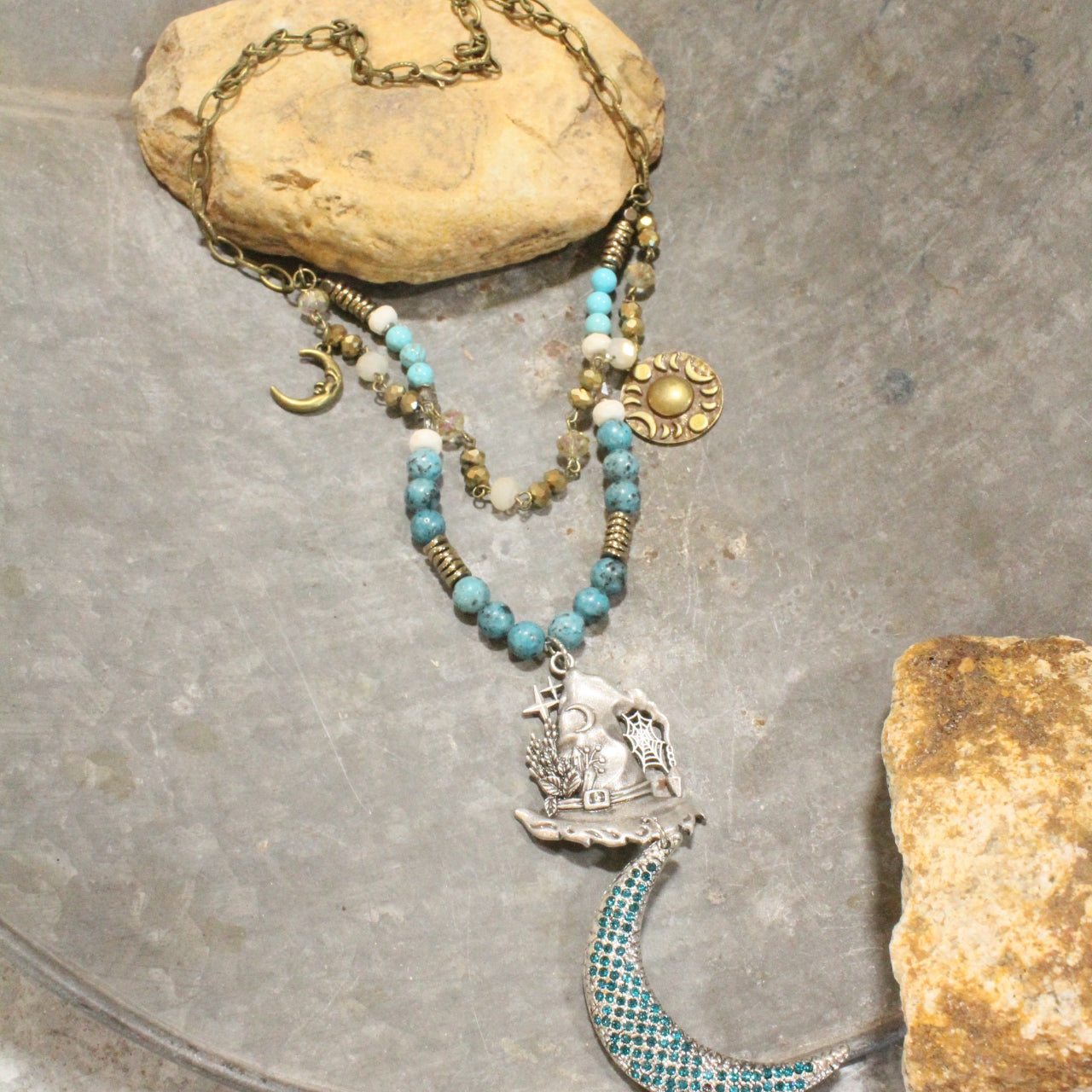 Over The Moon Hat & Stone Layered Necklace