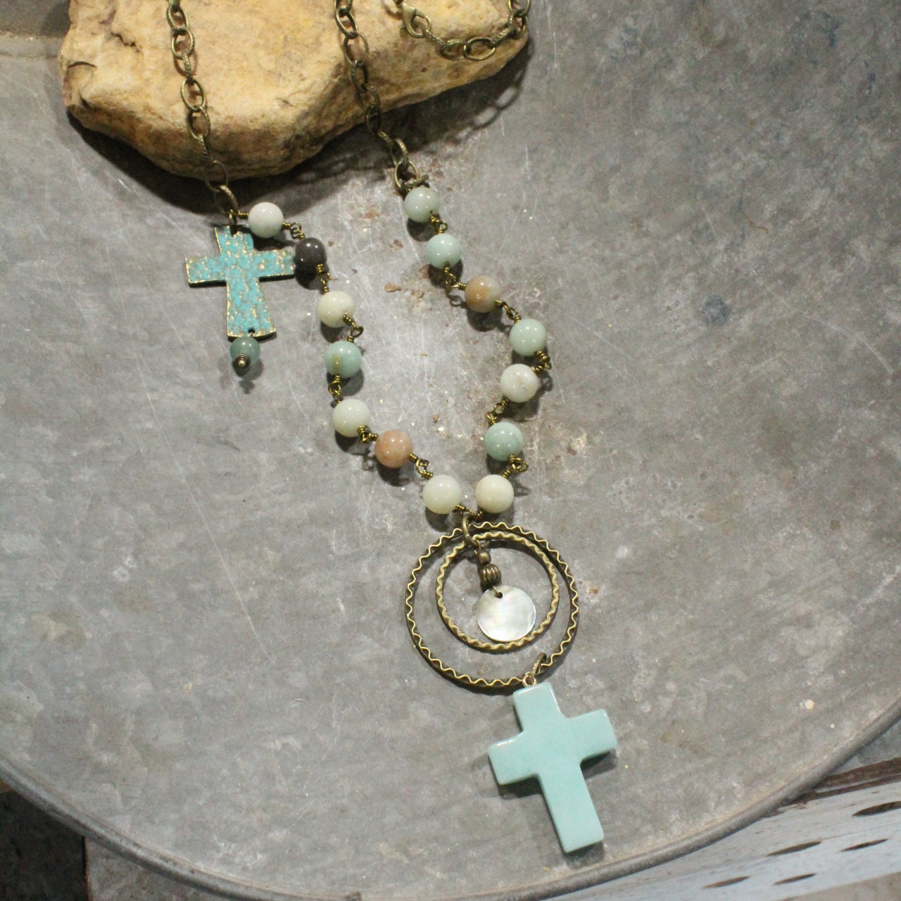 Amazonite Stone & Patina Cross Charm Necklace