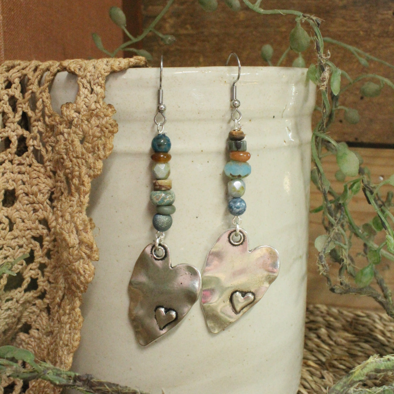 Silver Heart Gemstone Dangle Earrings