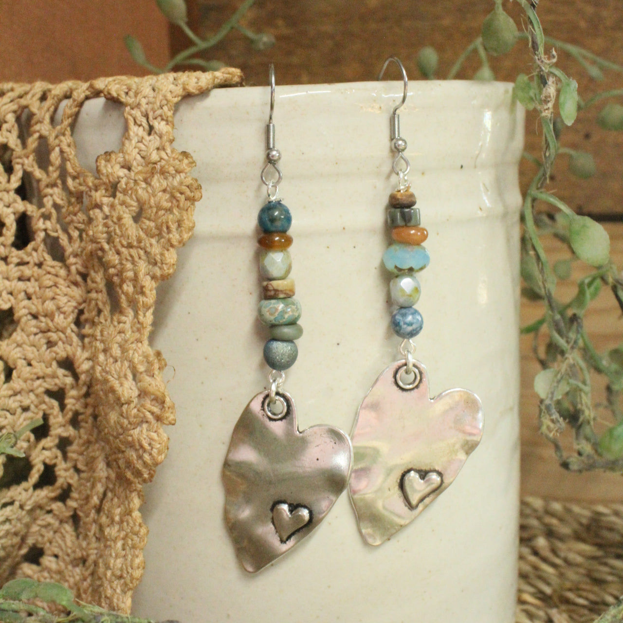 Silver Heart Gemstone Dangle Earrings