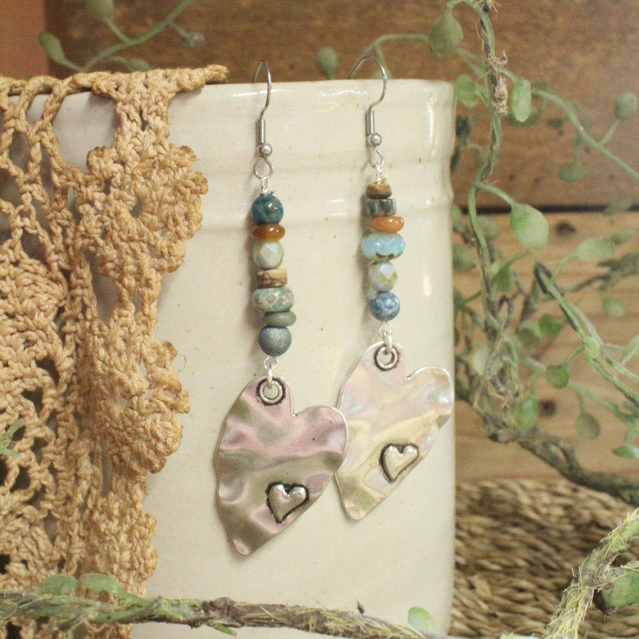 Silver Heart Gemstone Dangle Earrings