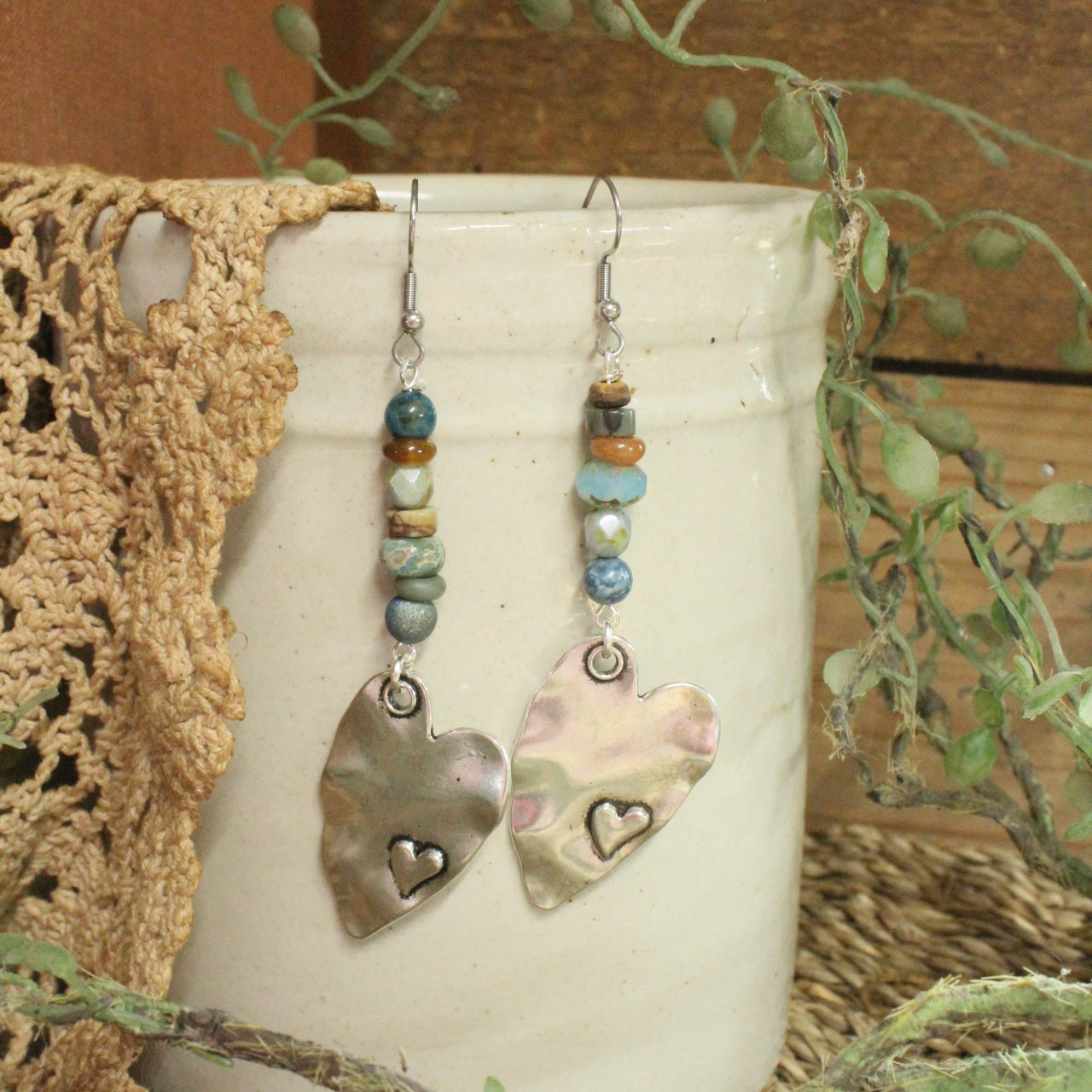 Silver Heart Gemstone Dangle Earrings