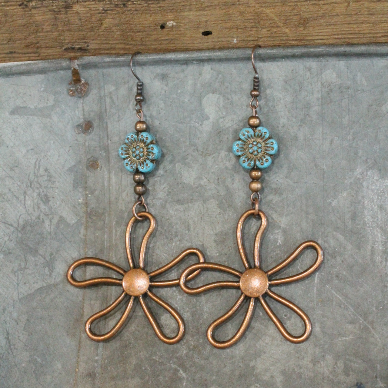 Patina Blue & Copper Flower Drop Czech Earrings