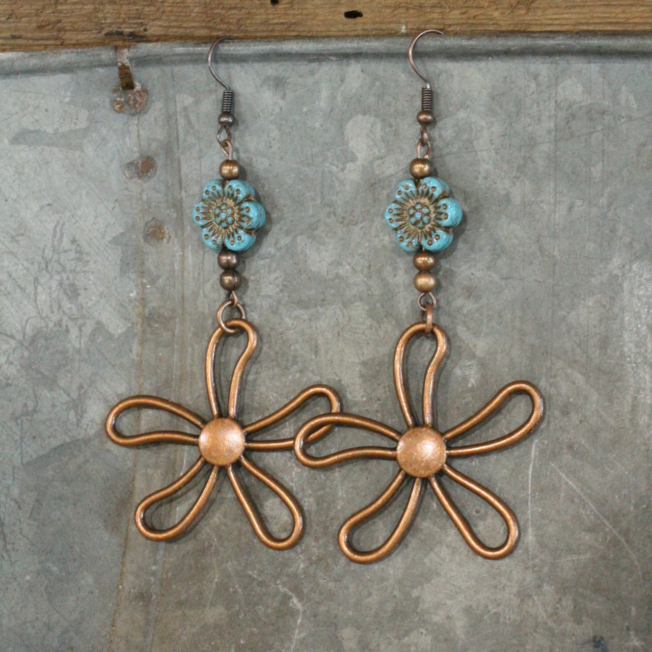 Patina Blue & Copper Flower Drop Czech Earrings
