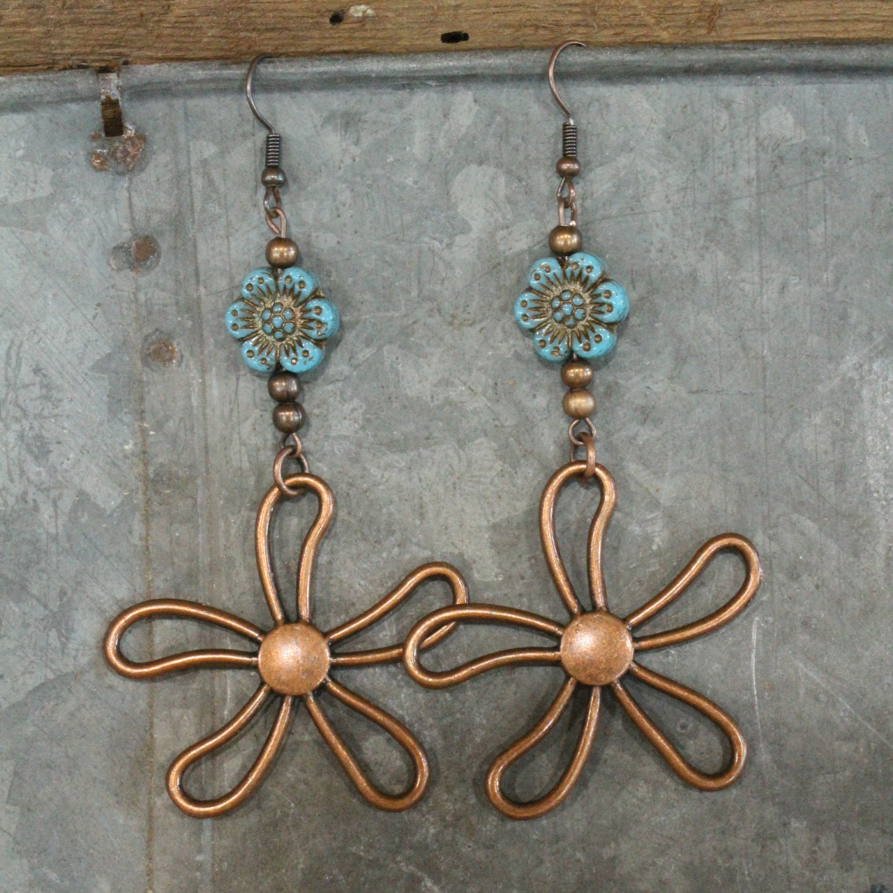 Patina Blue & Copper Flower Drop Czech Earrings