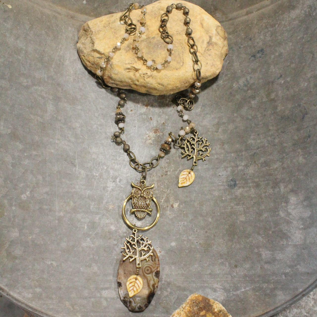 Hooo's Hootin' Owl & Stone Charming Leaf Necklace