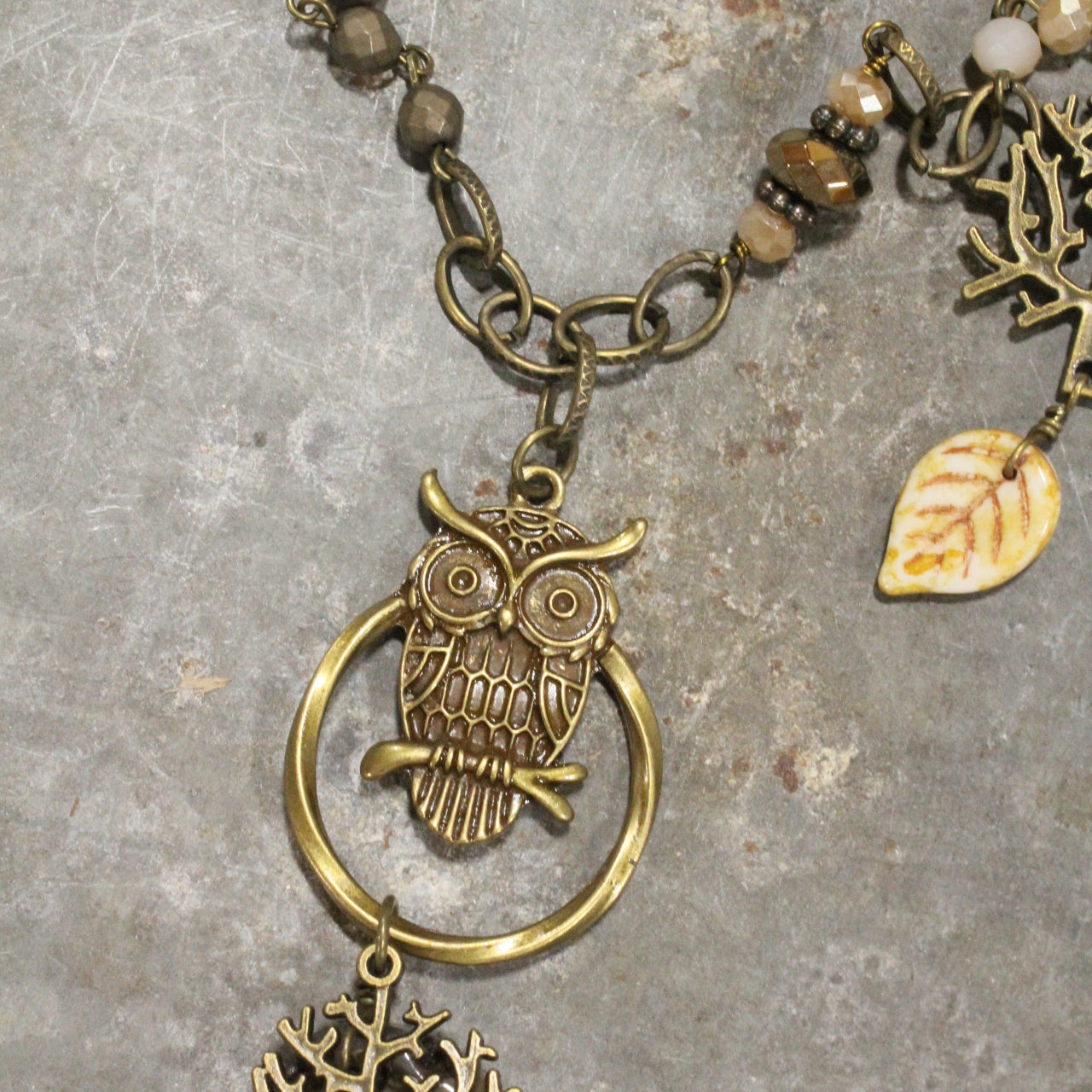 Hooo's Hootin' Owl & Stone Charming Leaf Necklace
