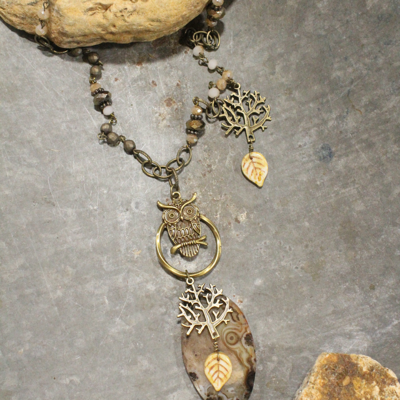 Hooo's Hootin' Owl & Stone Charming Leaf Necklace