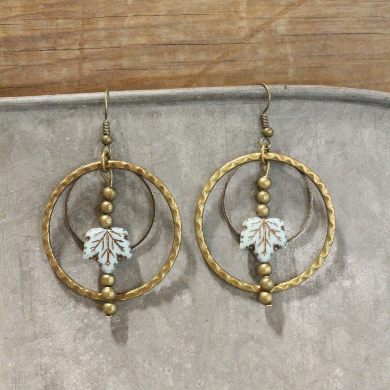 Falling Leaves Blue Czech Dangle Drop Earrings