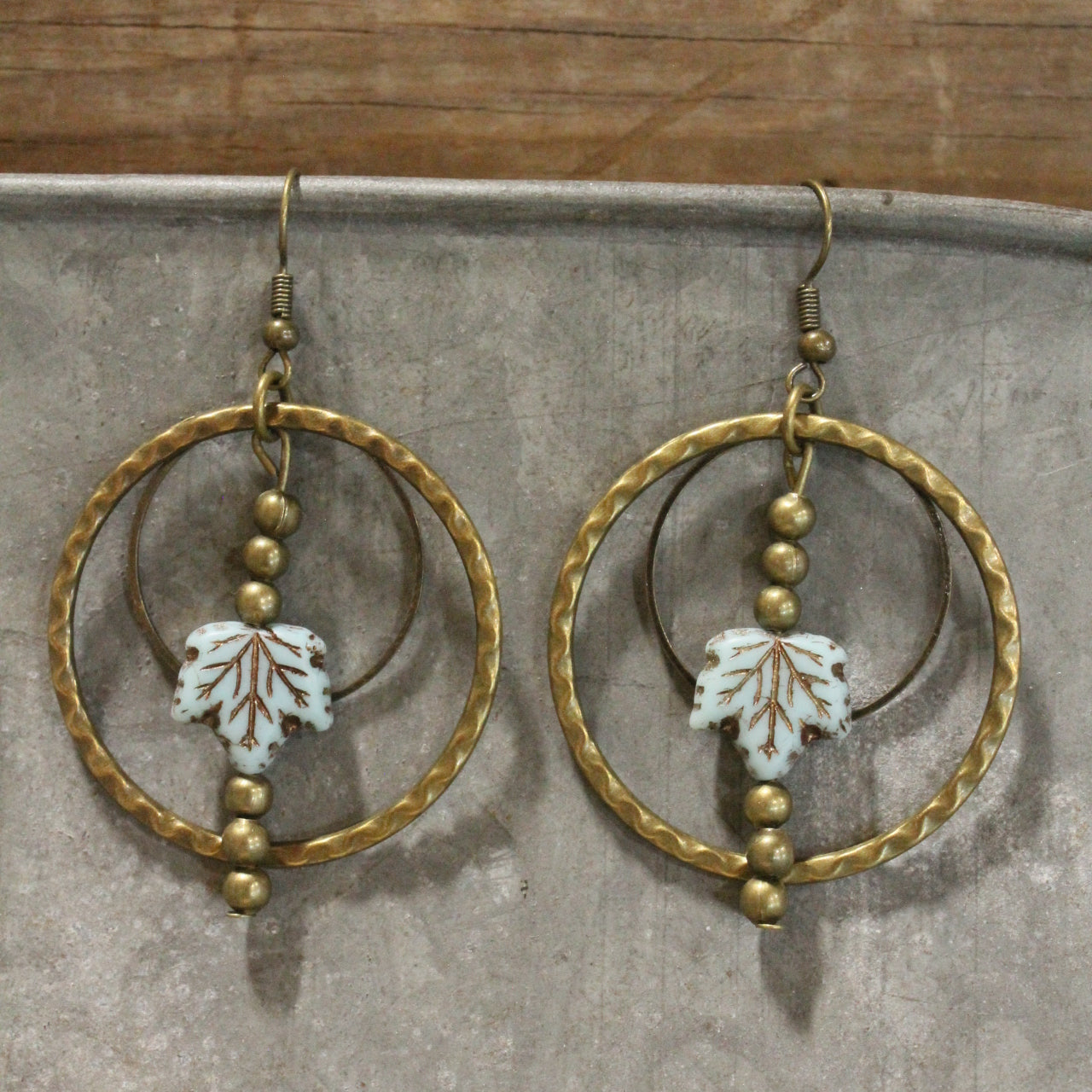 Falling Leaves Blue Czech Dangle Drop Earrings
