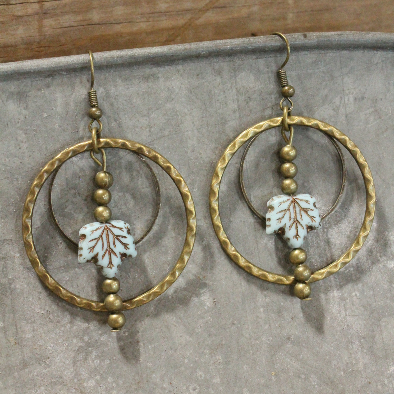 Falling Leaves Blue Czech Dangle Drop Earrings