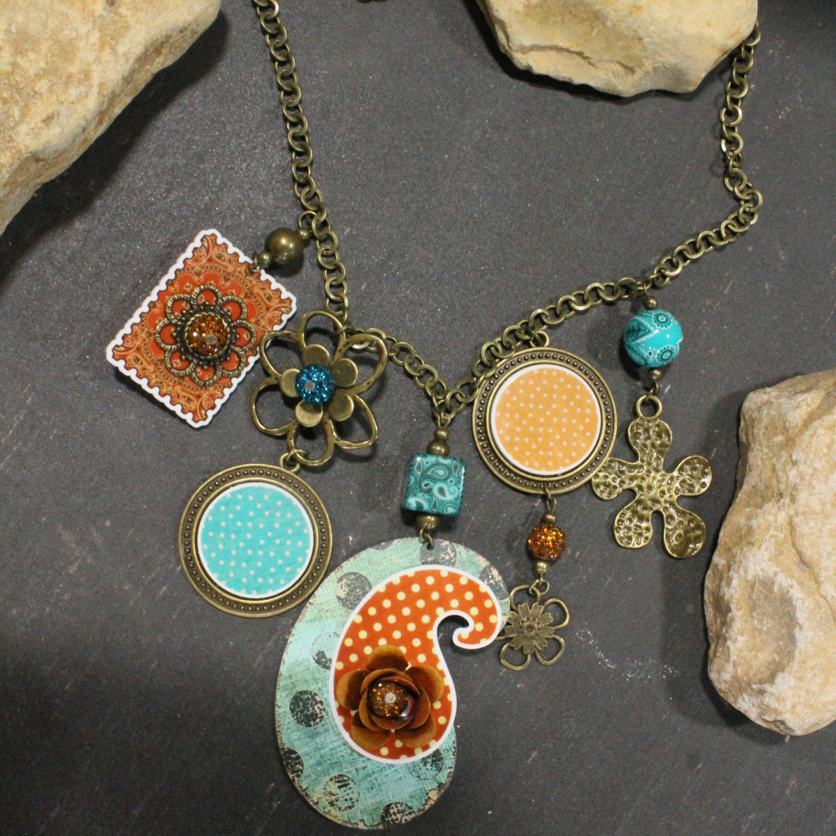 Peace, Paisley & Polka Dot Rusty Charm'd Necklace