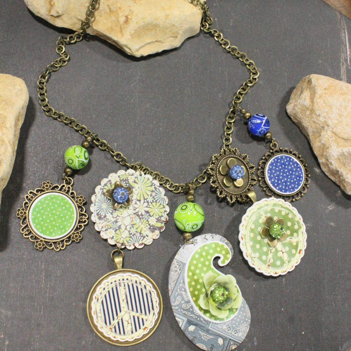Peace, Paisley & Polka Dot Green Charm'd Necklace