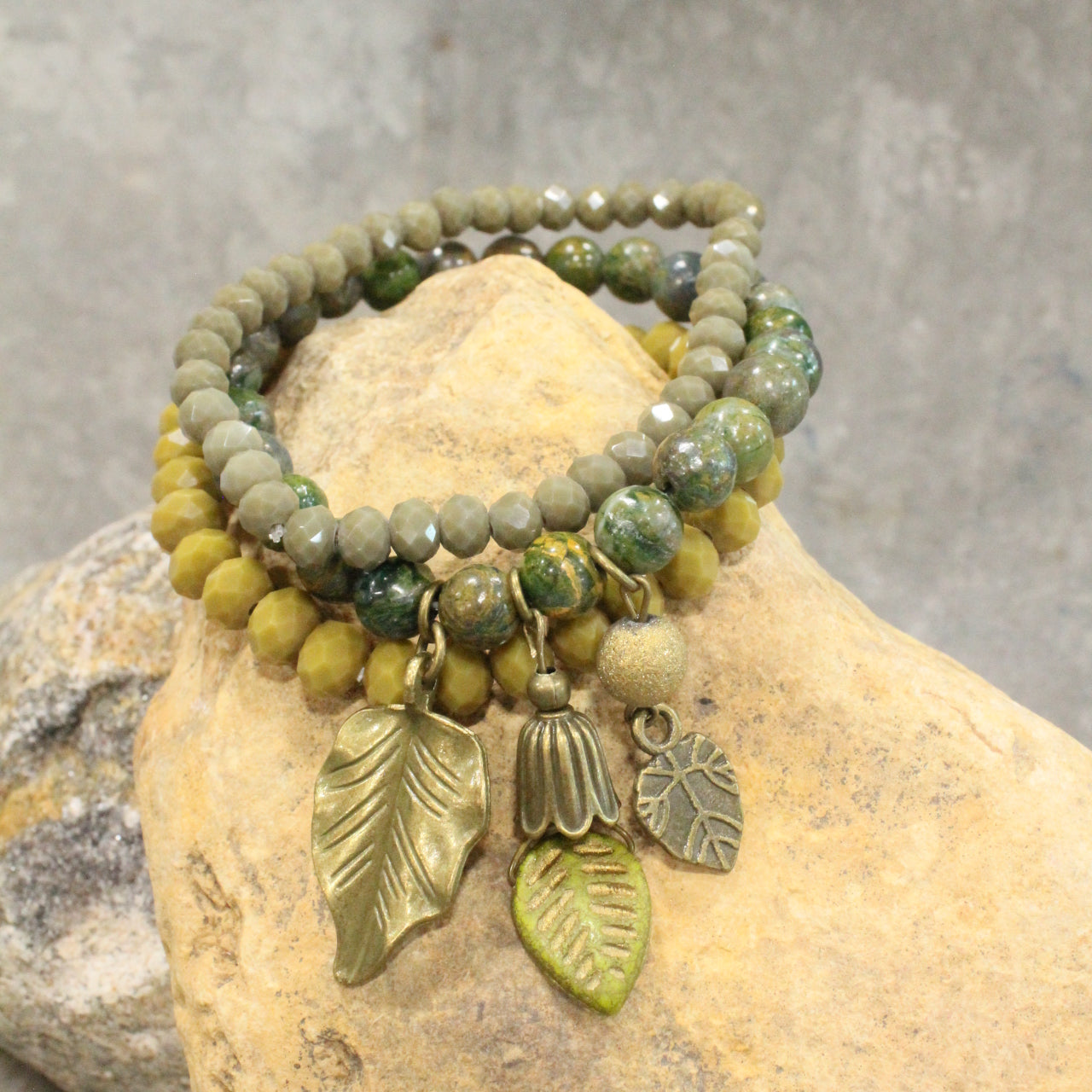 Olive Leaves Fall Stretch Bracelet Set