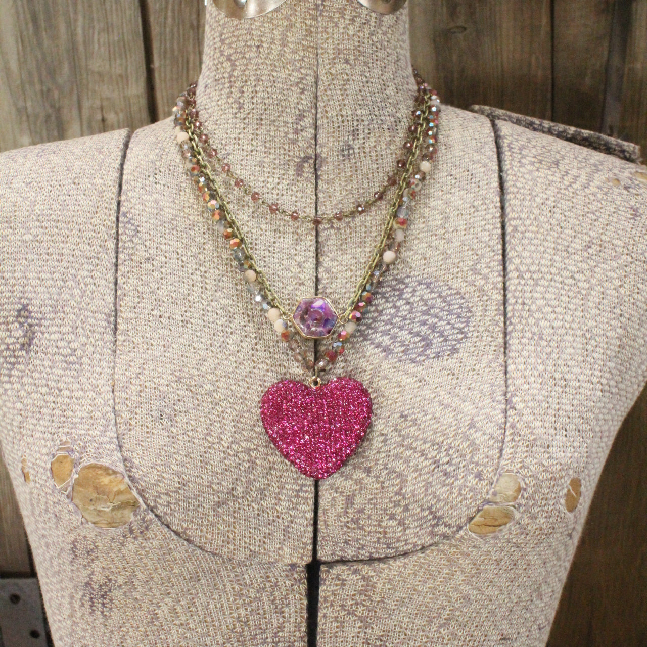 Bohemian Layered Raspberry Heart & Stone Drop Necklace