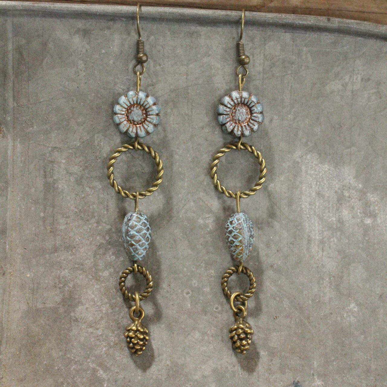 Czech Out These Pinecones & Sunflower Dangle Drop Earrings