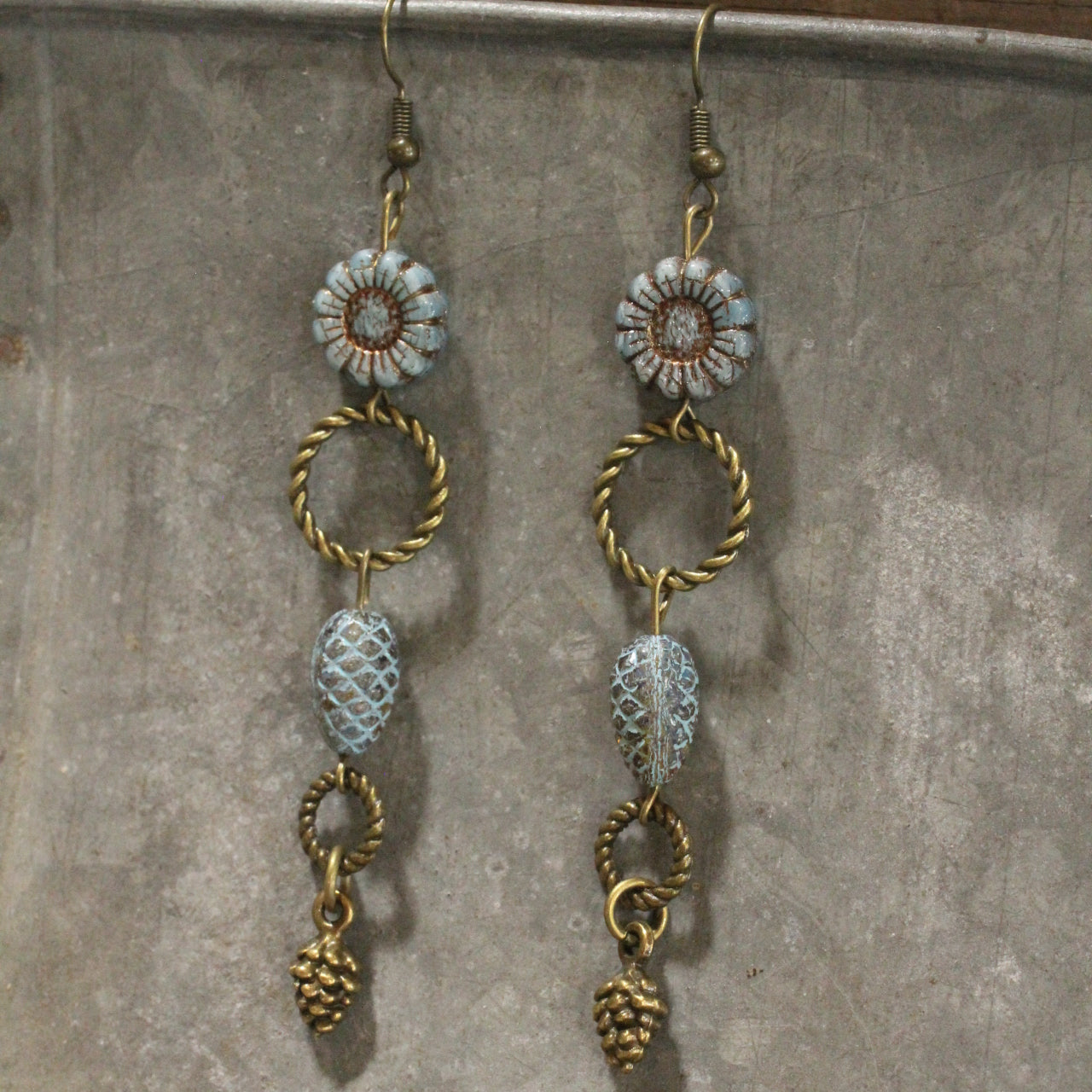 Czech Out These Pinecones & Sunflower Dangle Drop Earrings