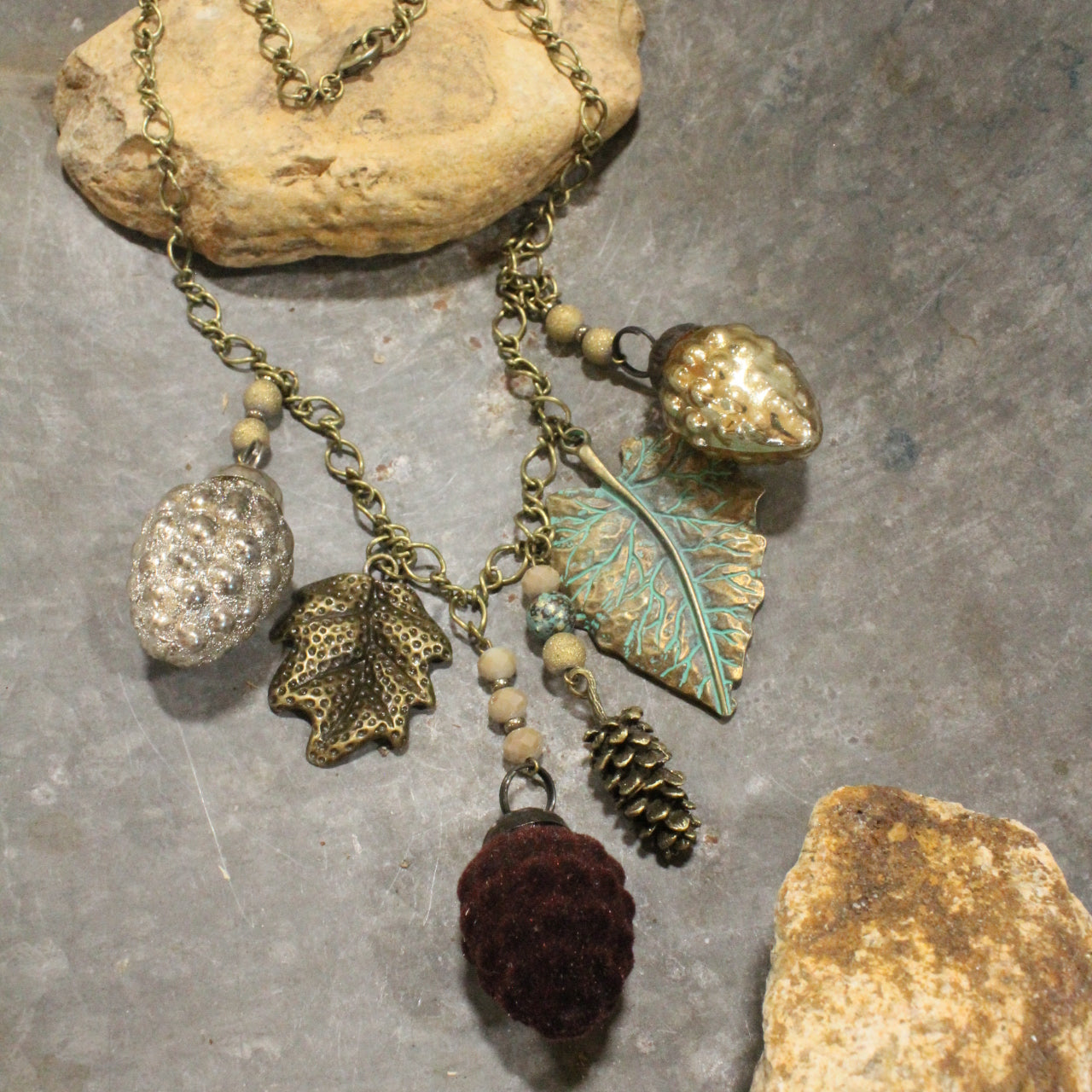 Flocked Together Pinecones & Leaves Charming Necklace
