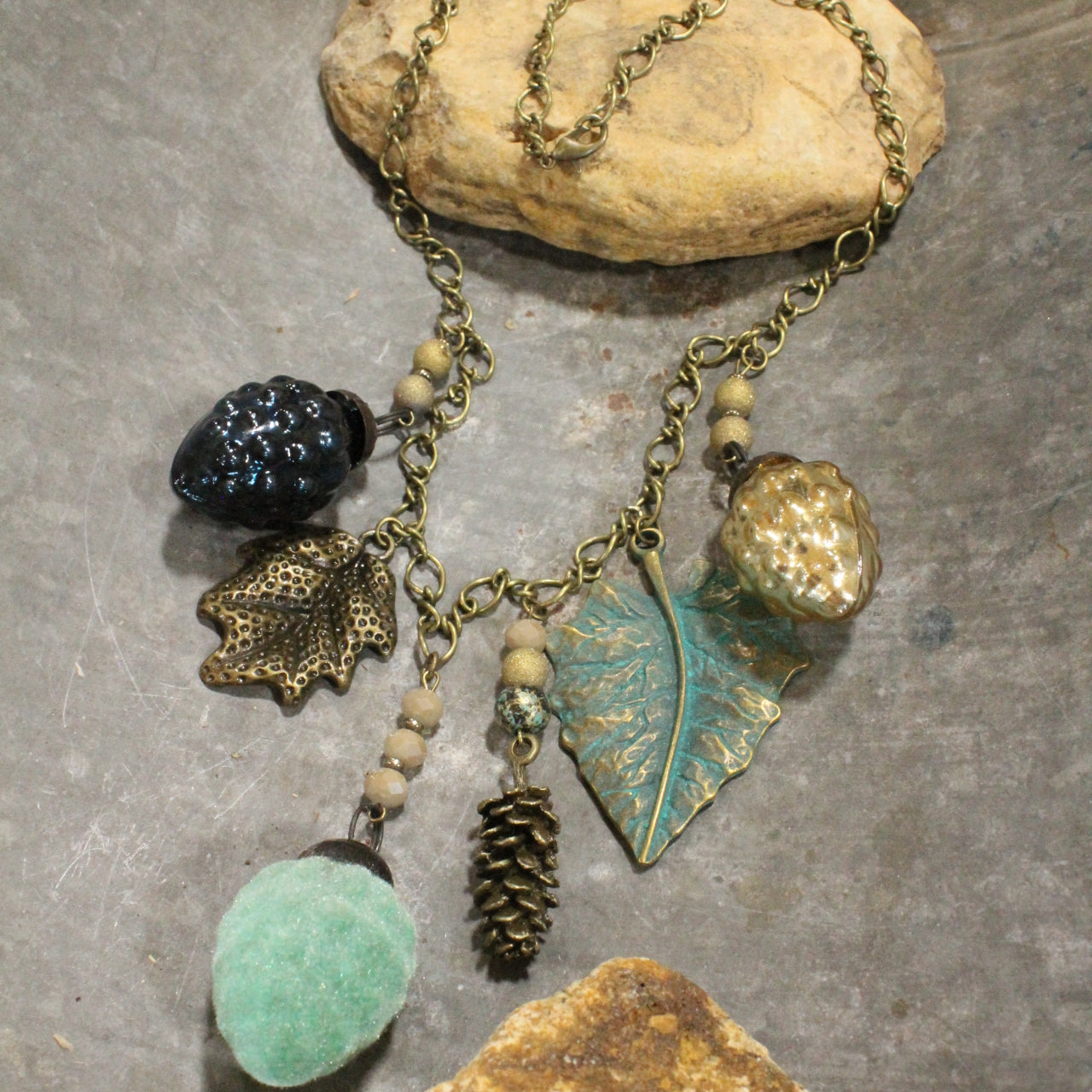 Flocked Together Pinecones & Leaves Charming Necklace