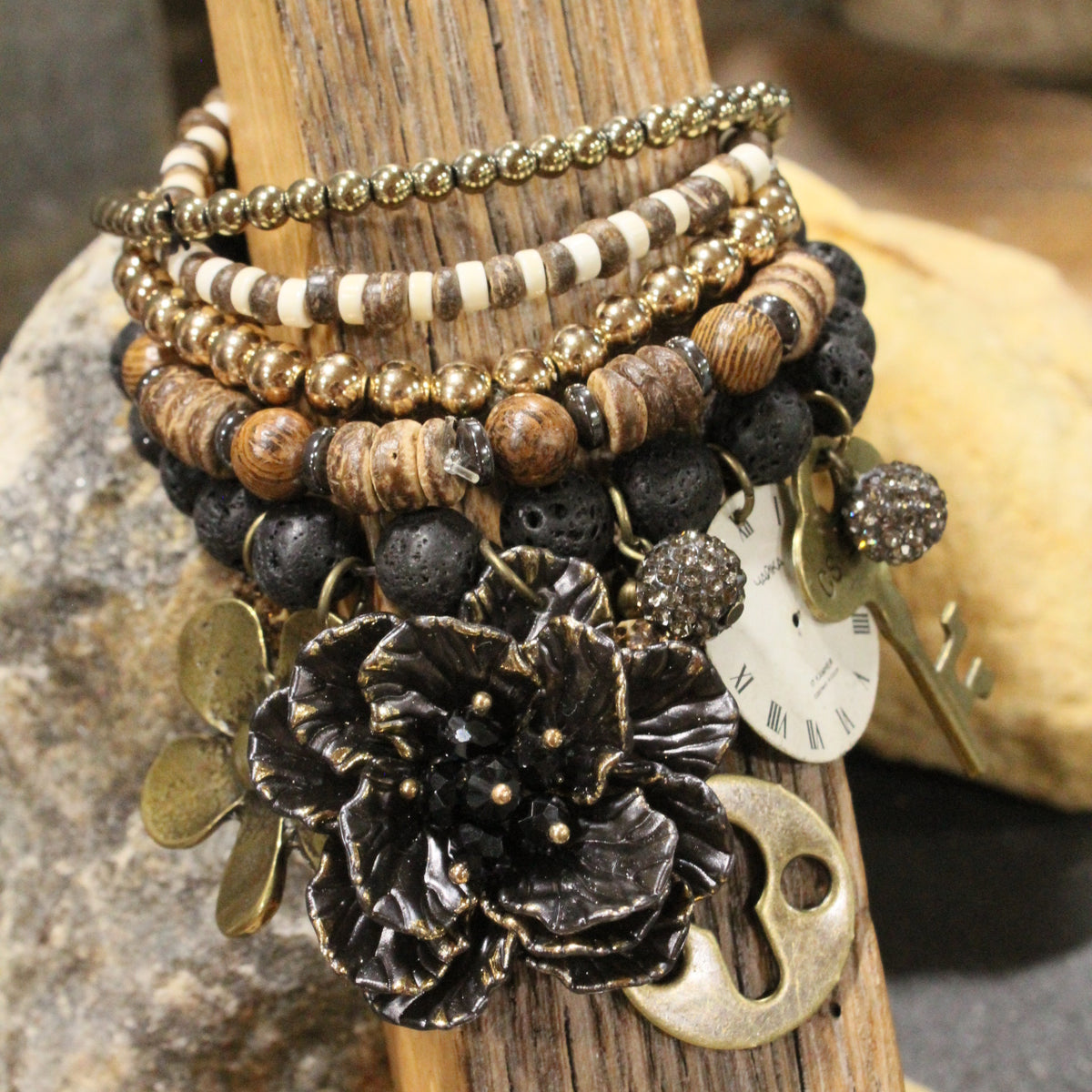 Simply Elegant Black Leopard Flower Charm'd Bracelet Set