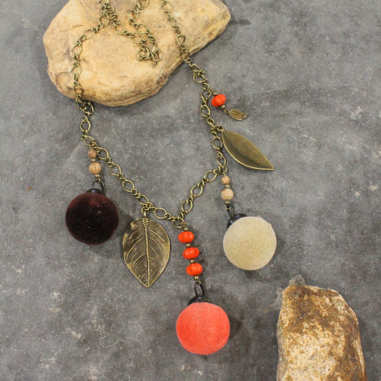 Flocked Pumpkin Patch & Leaves Charming Necklace