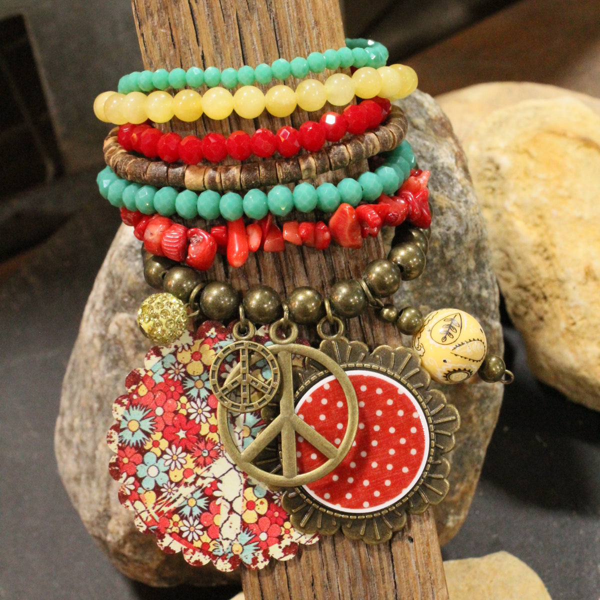Peace, Paisley & Polka Dot Red Charm'd Bracelet Set