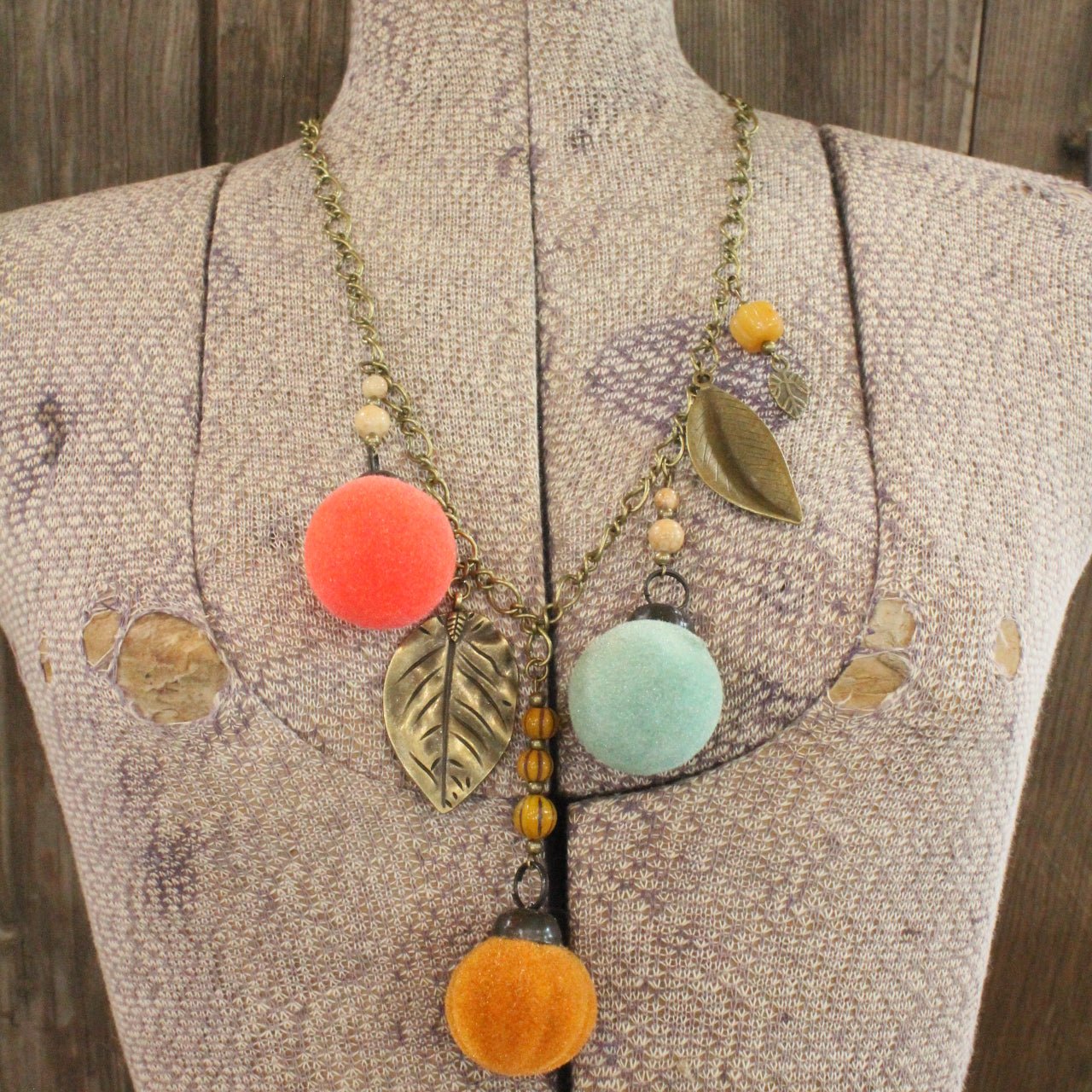 Flocked Pumpkin Patch & Leaves Charming Necklace