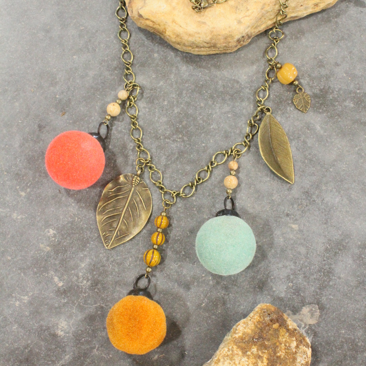 Flocked Pumpkin Patch & Leaves Charming Necklace