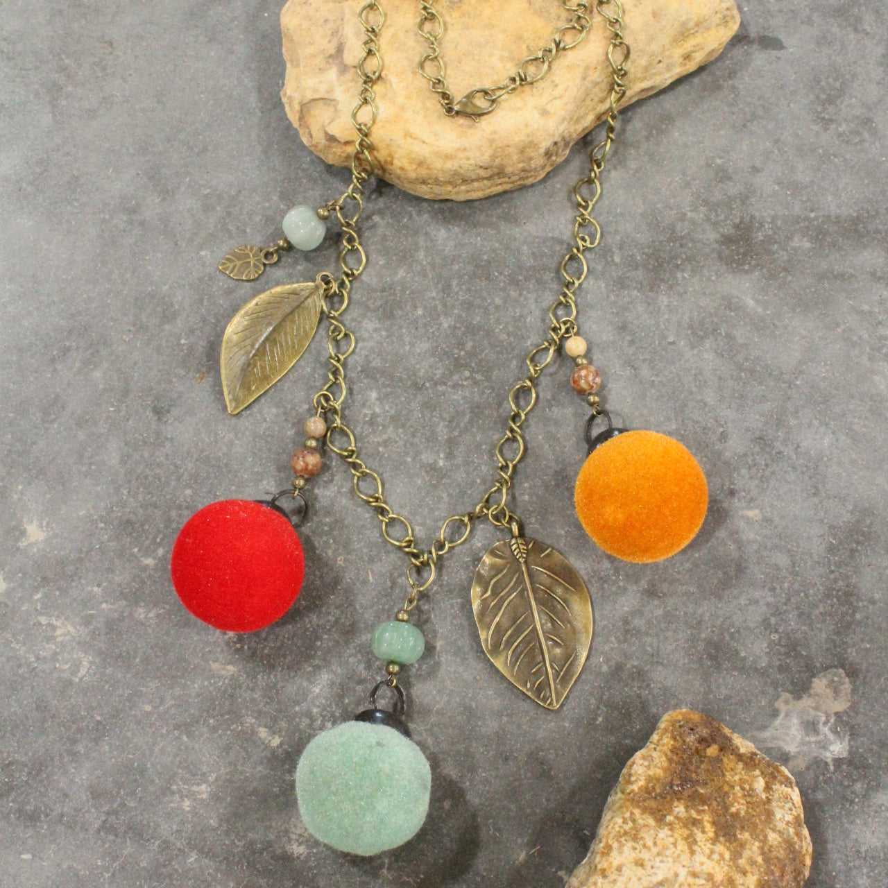 Flocked Pumpkin Patch & Leaves Charming Necklace