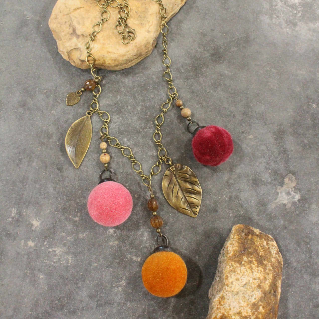 Flocked Pumpkin Patch & Leaves Charming Necklace