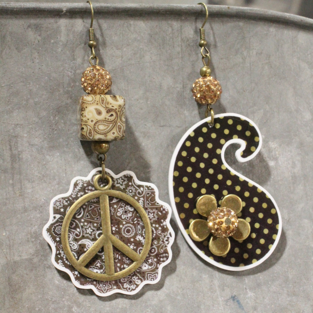 Peace, Paisley & Polka Dot Brown Dangle Earrings