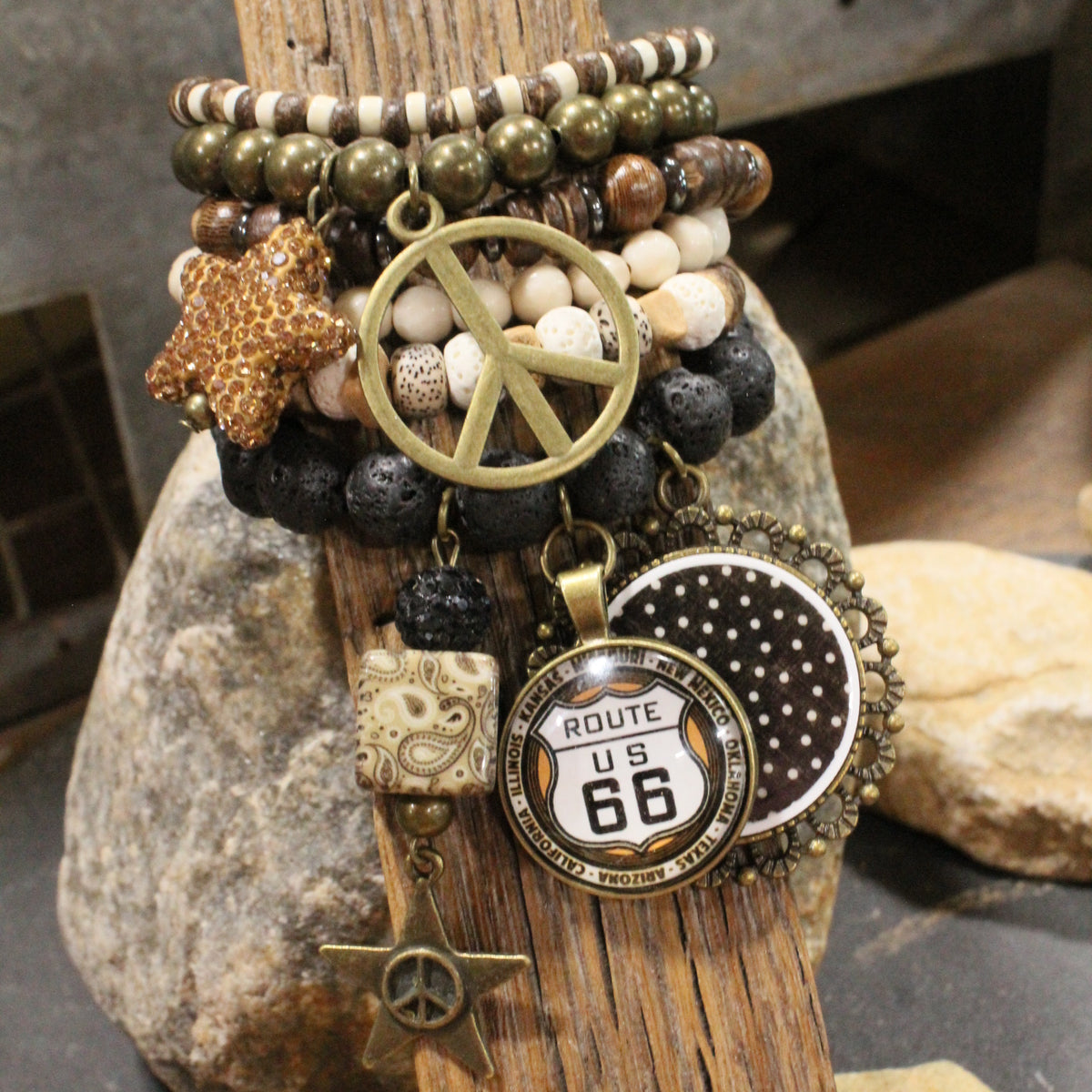 Peace, Paisley & Polka Dot Brown Charm'd Bracelet Set