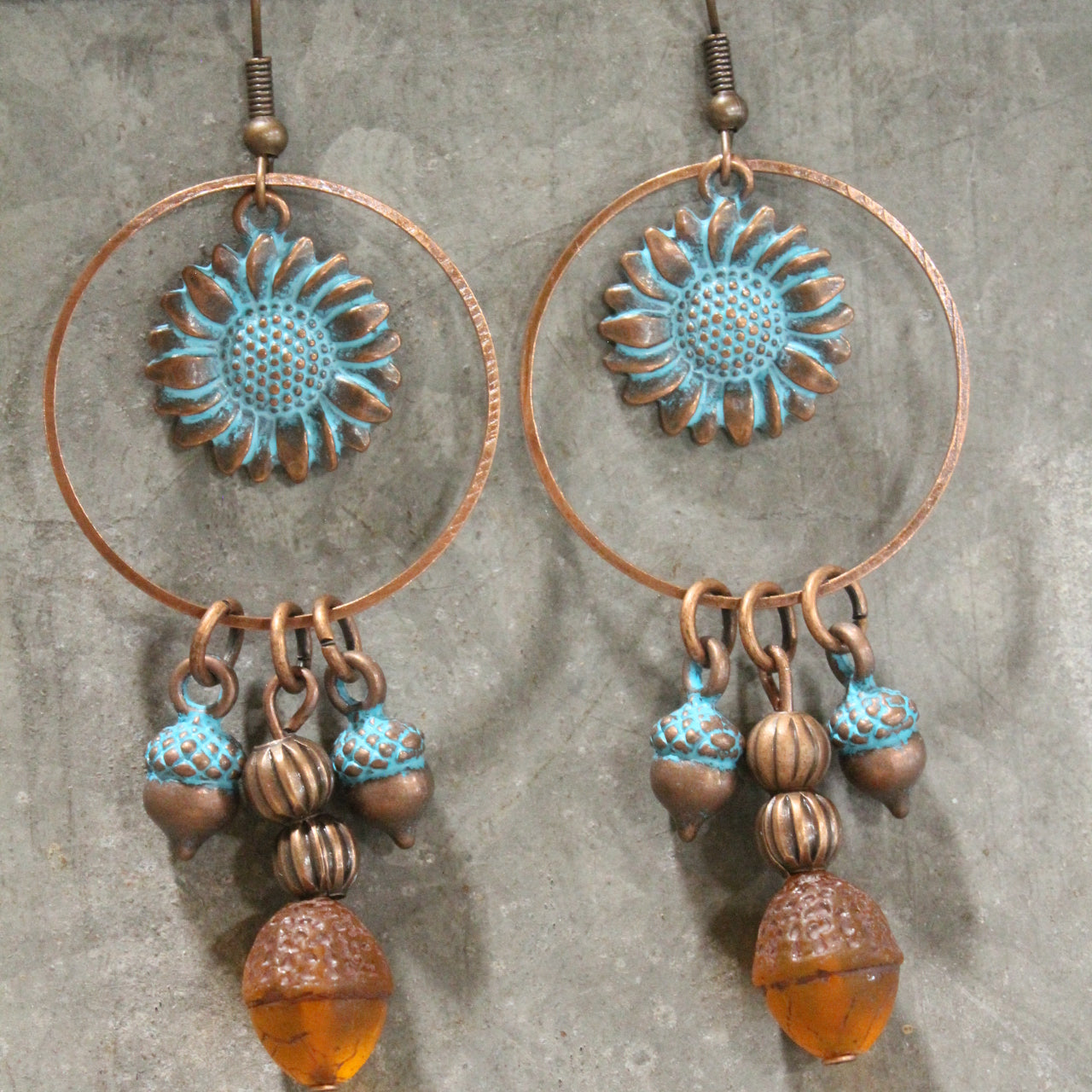 Copper Czech Acorn & Sunflower Dangle Drop Earrings