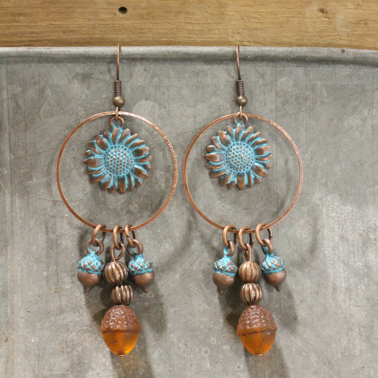 Copper Czech Acorn & Sunflower Dangle Drop Earrings