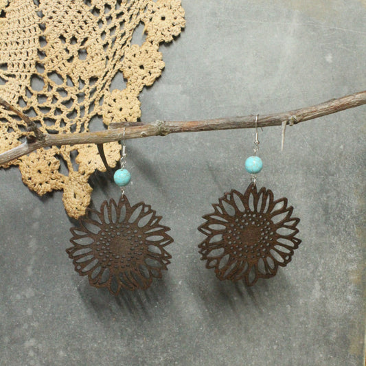 Wood & Turquoise Sunflower Dangle Earrings