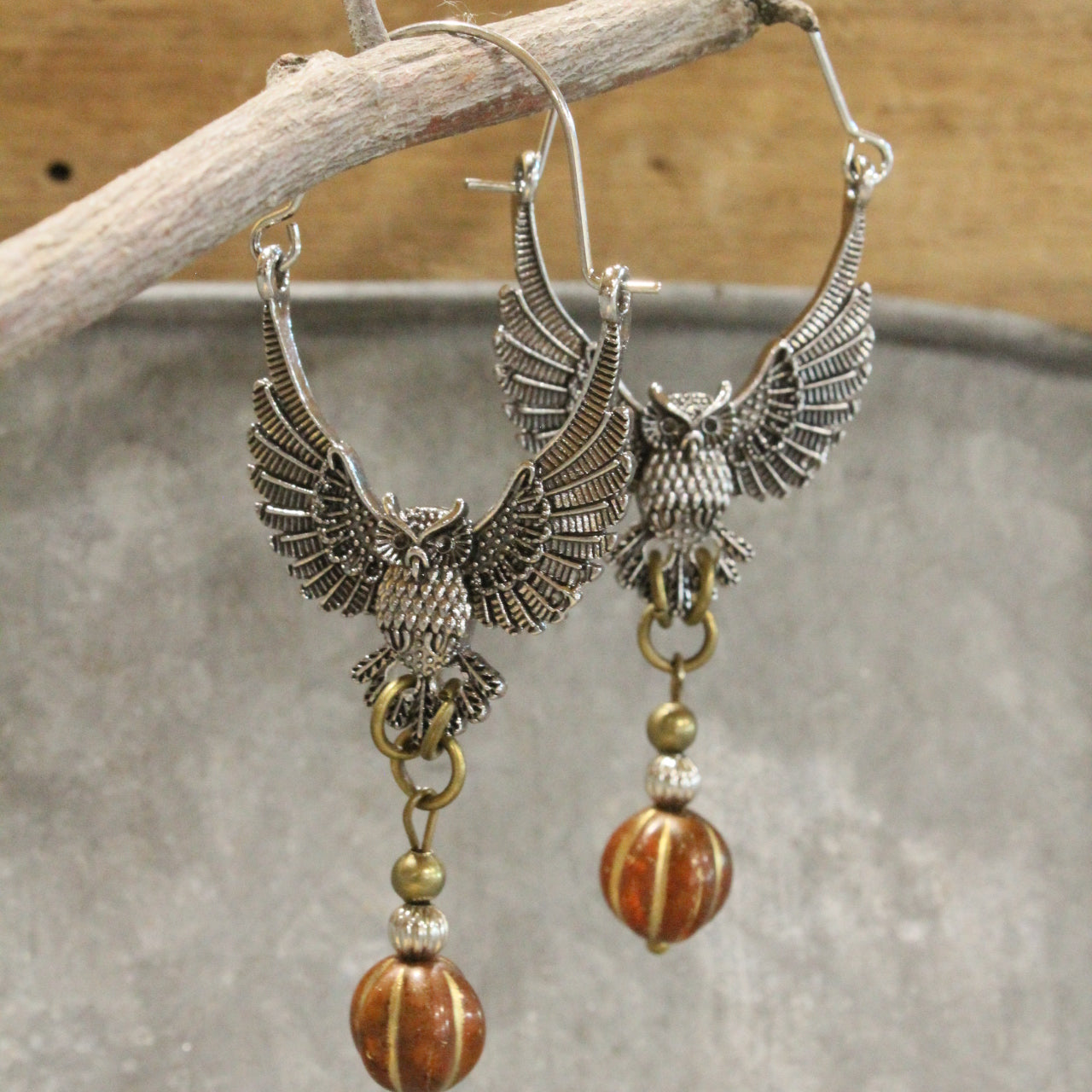 Wings Spread Antique Silver Owl & Pumpkin Dangle Drop Earrings