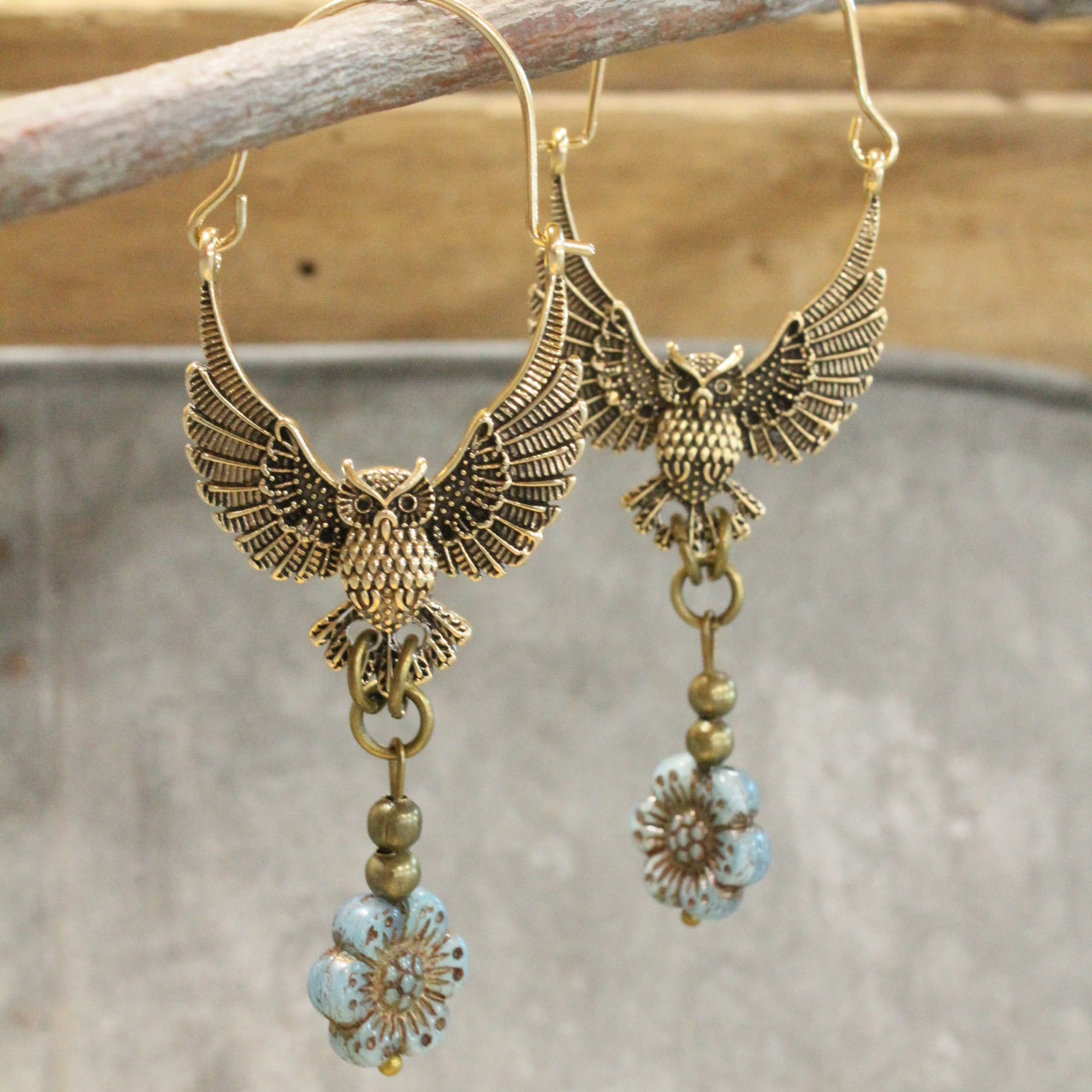 Wings Spread Golden Owl & Flower Dangle Drop Earrings