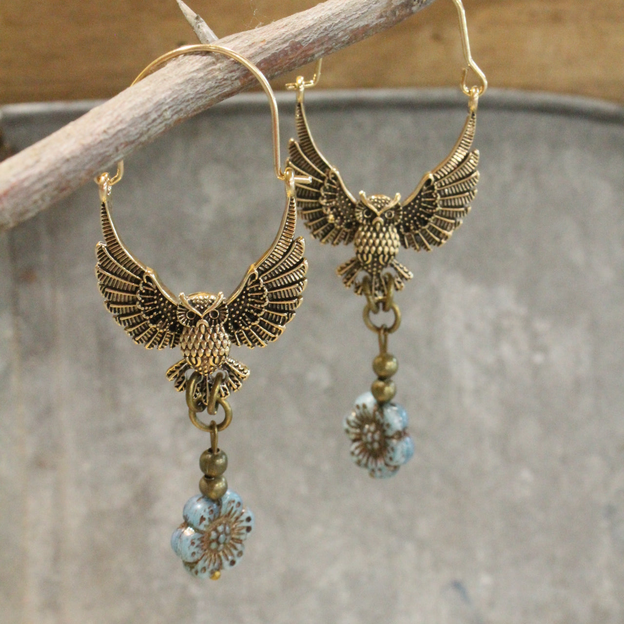 Wings Spread Golden Owl & Flower Dangle Drop Earrings