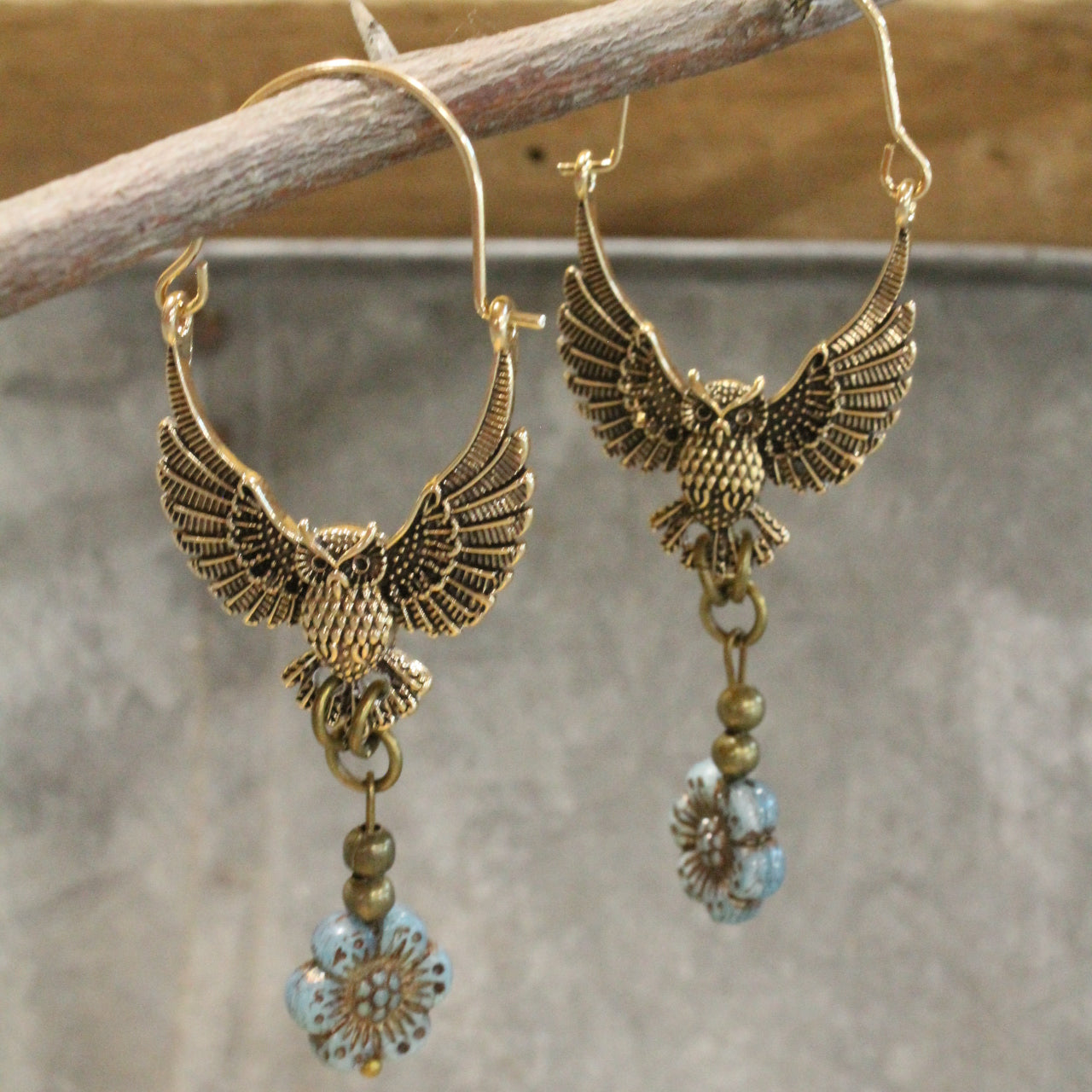 Wings Spread Golden Owl & Flower Dangle Drop Earrings