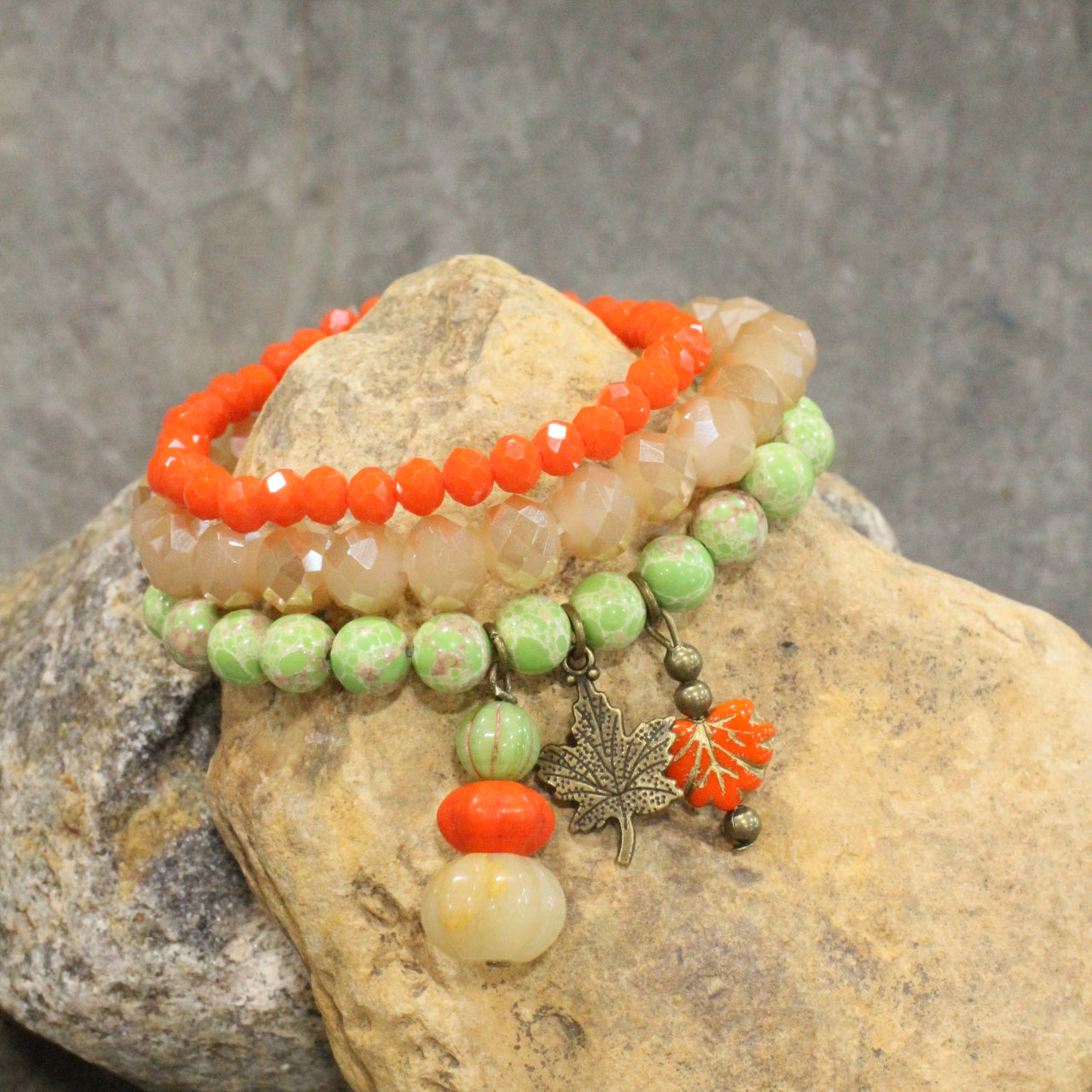 Stackable Pumpkin & Leaf Stone Bracelet Set