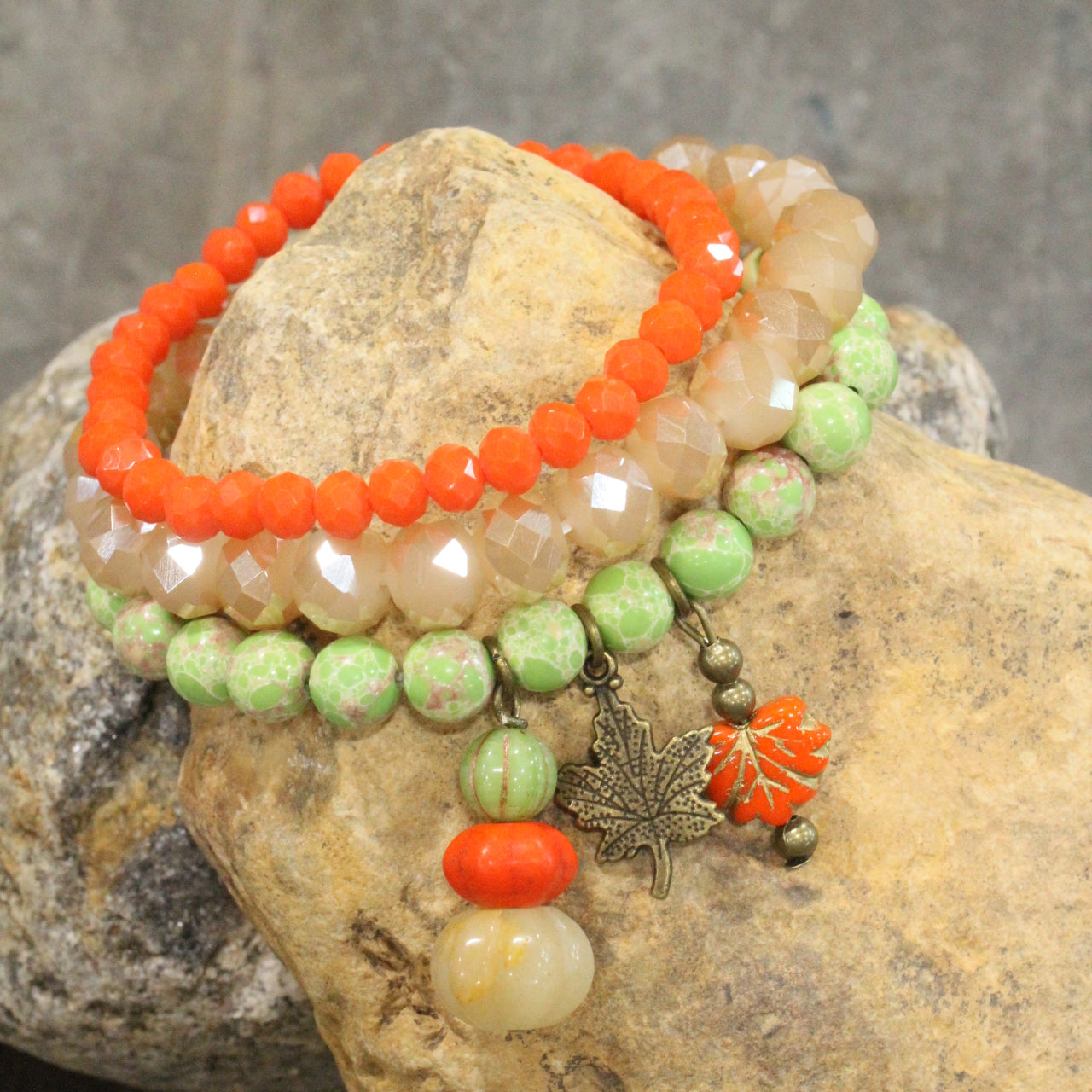 Stackable Pumpkin & Leaf Stone Bracelet Set