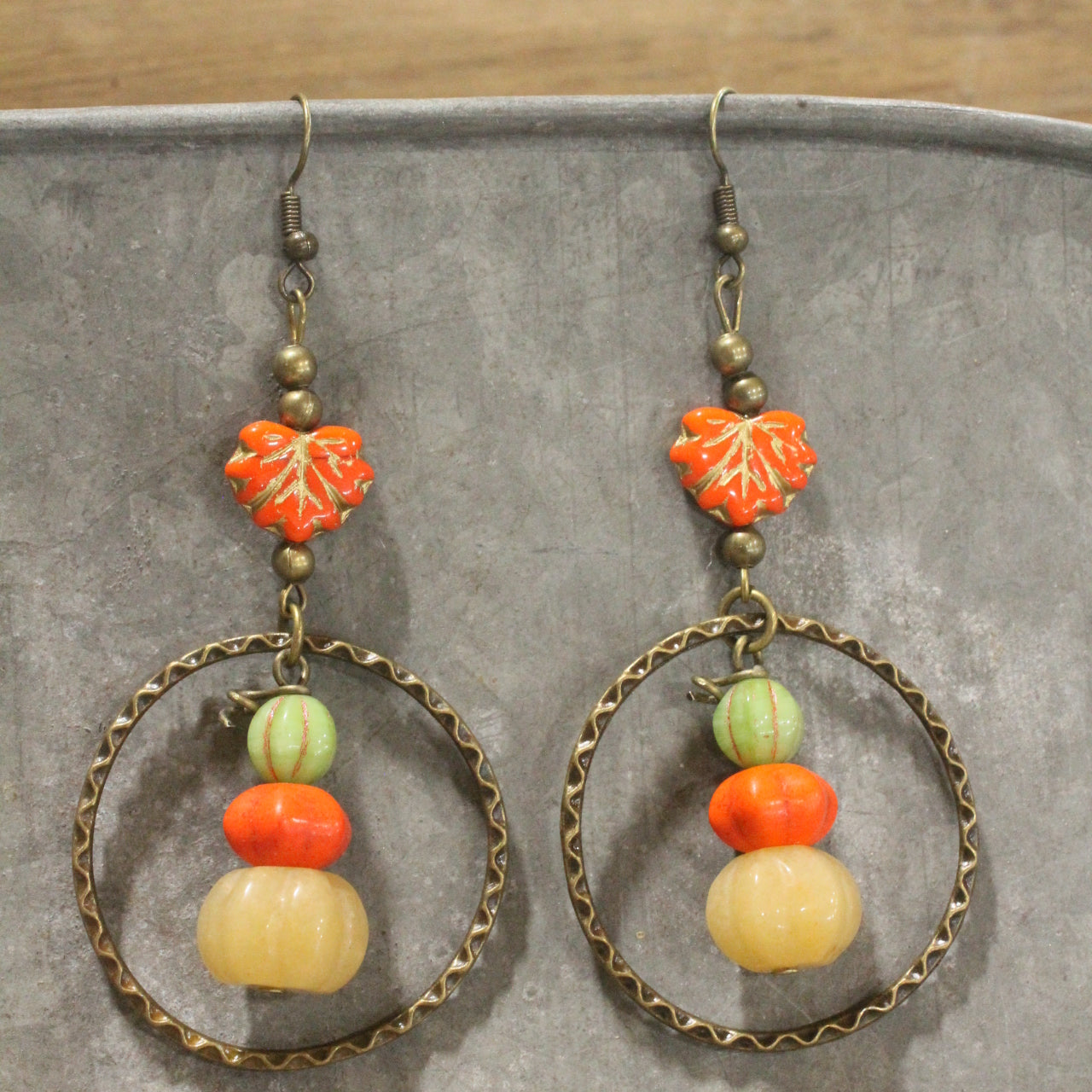 Stackable Pumpkin & Leaf Stone Drop Dangle Earrings