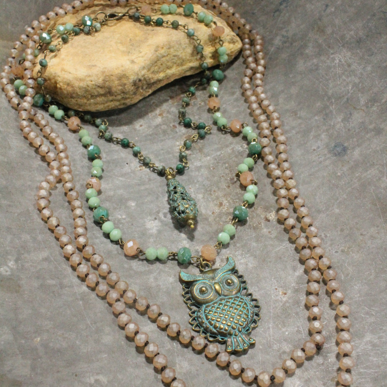 Patina Owl Layered Necklace