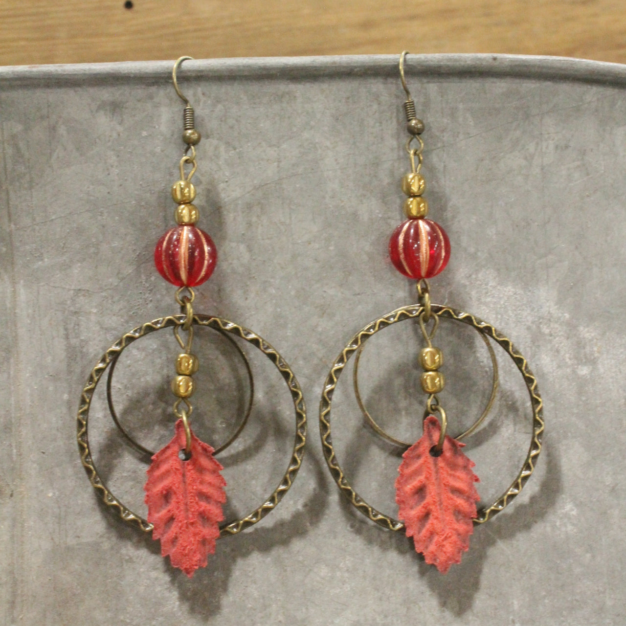 Leather Leaf & Pumpkin Dangle Drop Earrings
