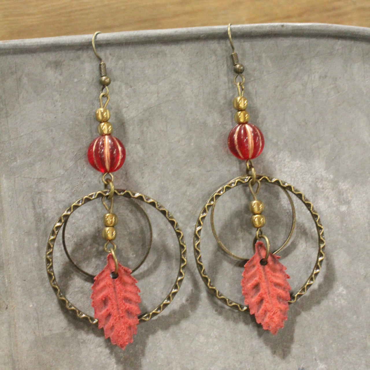 Leather Leaf & Pumpkin Dangle Drop Earrings
