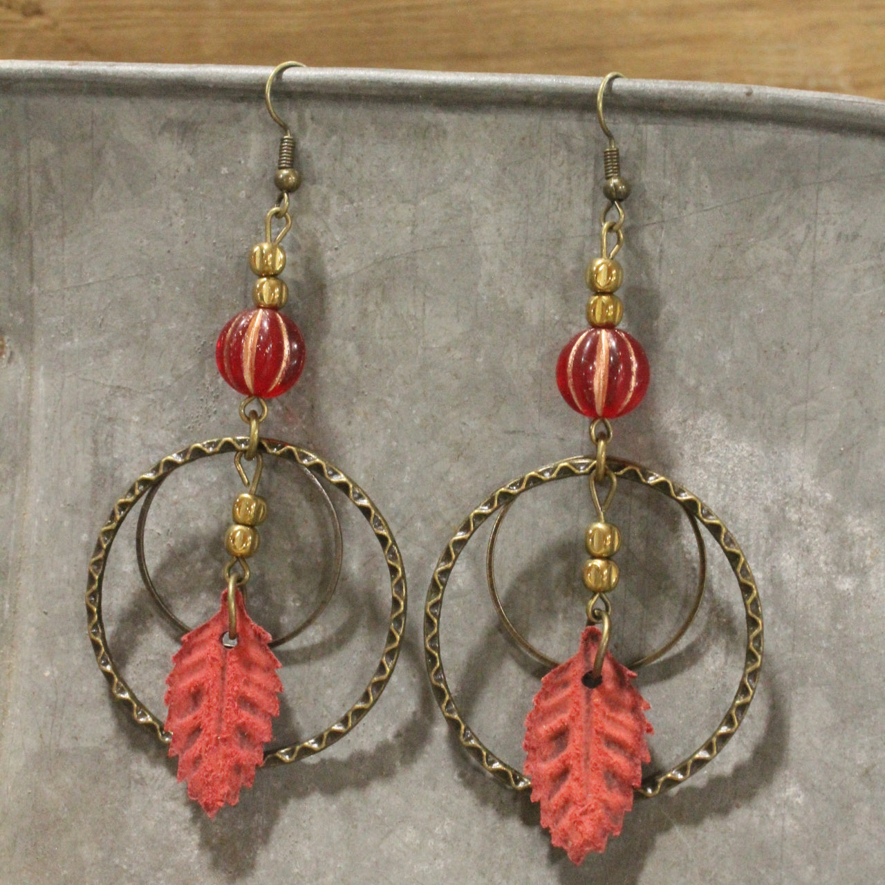 Leather Leaf & Pumpkin Dangle Drop Earrings