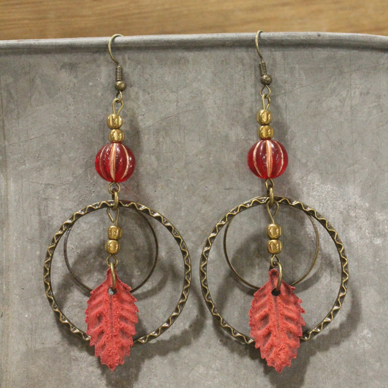 Leather Leaf & Pumpkin Dangle Drop Earrings